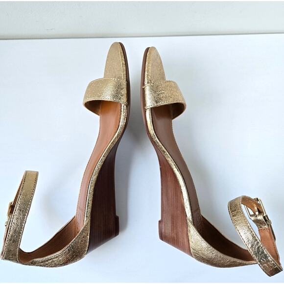 Tory Burch NEW Savannah Wedge Cracked Gold Leather Sandal Womens Size 9.5 NWOT - Picture 10 of 15